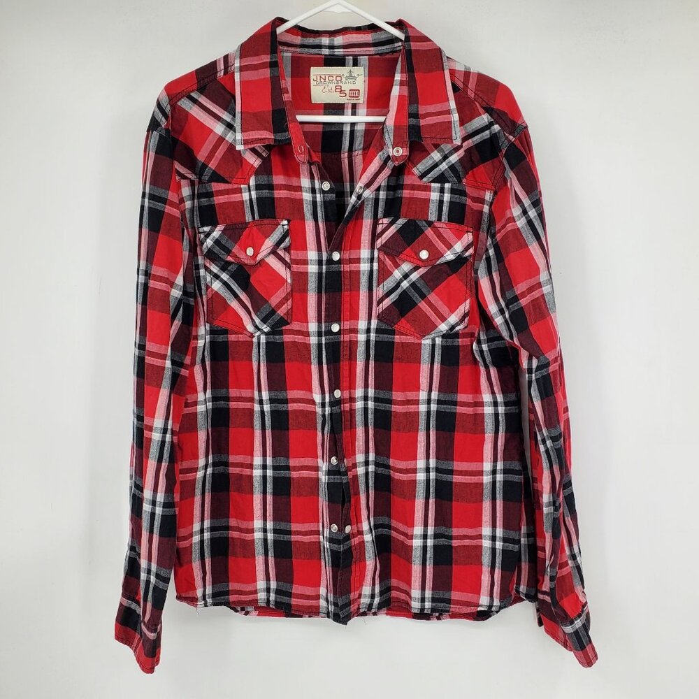 JNCO Button Front Men's Red and Black Plaid‎ Button Front Pearl Snap Shirt XXXXL